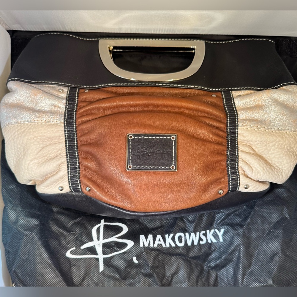 B. Makowsky Tan and Black Leather Bag
